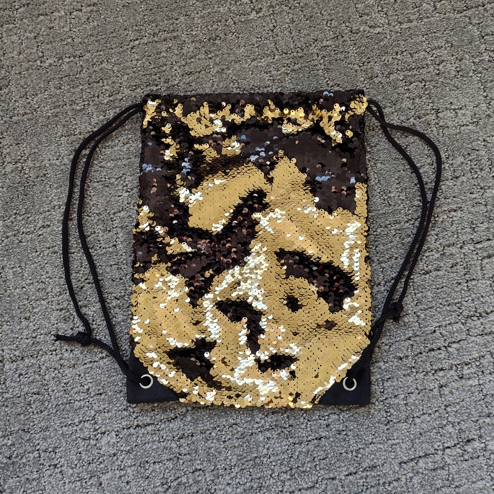 Gold and Black Sequin Drawstring Bag